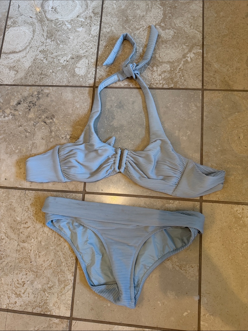 Heidi Klein Light Blue Ribbed Halter Bikini Set